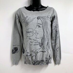 Desigual Gina Heather Gray Graphic Print Crew Neck Long Sleeve Sweater Size XS